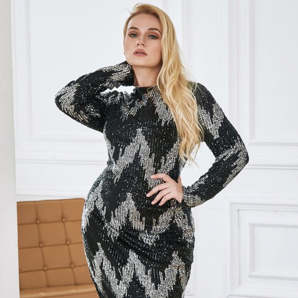 PLUS SIZE SEQUIN LONG SLEEVE ROUND NECK MIDI DRESS - Picture 1 of 3